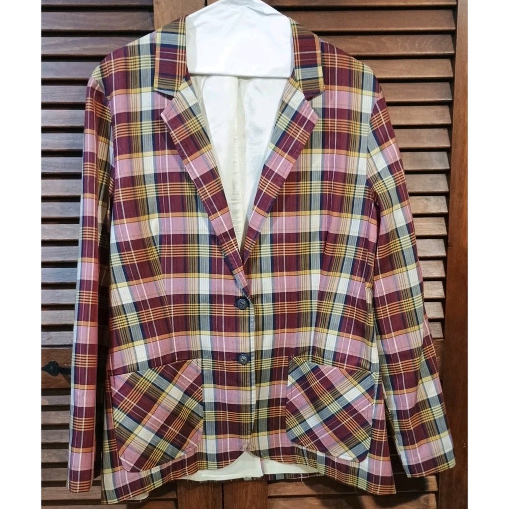 Vintage Retro Women's Blazer Plaid Madras Patchwork Jacket Size 10/12 Multicolor